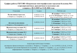 График работы в предпраздничные, праздничные и выходные дни в период с 30.12.2025 по 11.01.2026